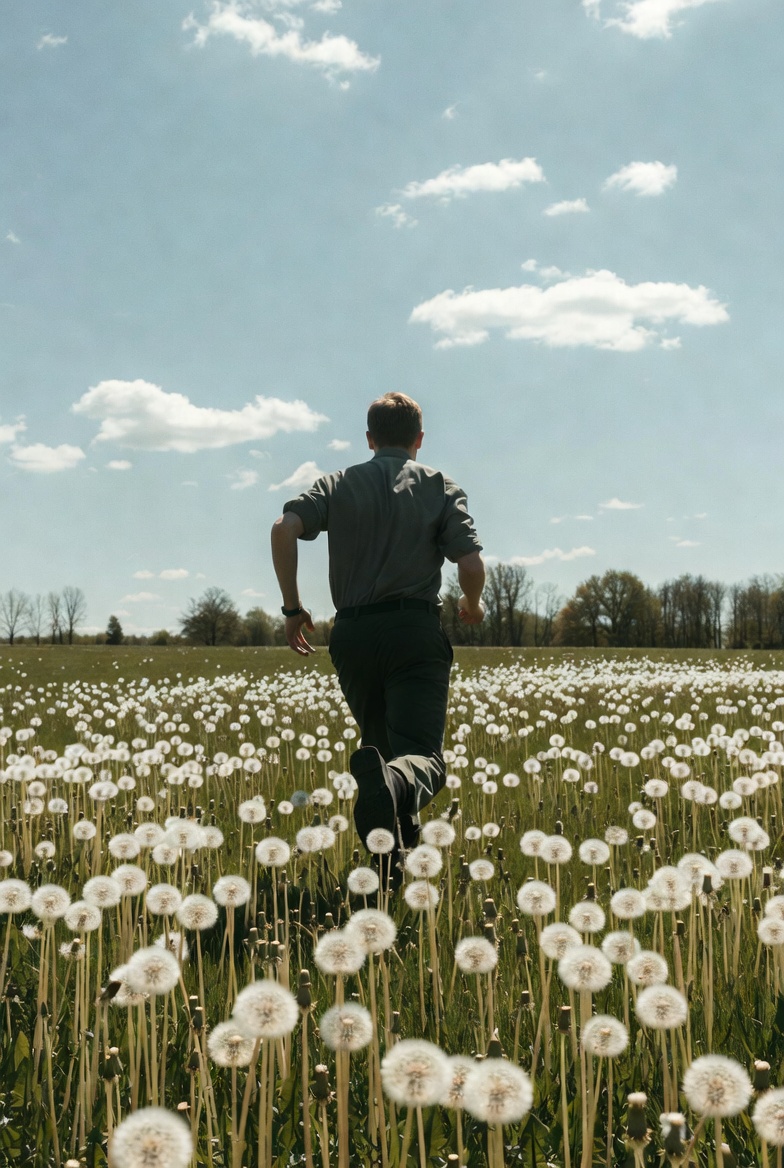Running through a field of dandelions